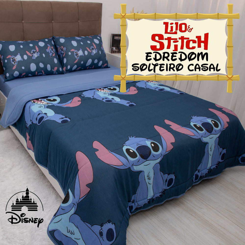 Edredom Stitch 100% Algodao Dupla Face Grosso Solteiro Casal Queen Disney Toque Macio - Home & Living