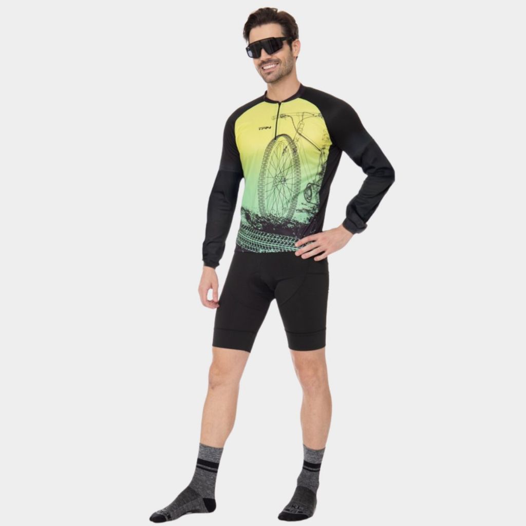 Conjunto Ciclismo Masculino Kit Camisa Proteção UV Manga Longa Bermuda Short Forro Espuma Bicicleta · foto 2