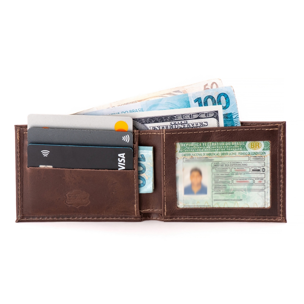 Carteira de Couro Legitimo Masculina Slim CNH Documento Cédulas