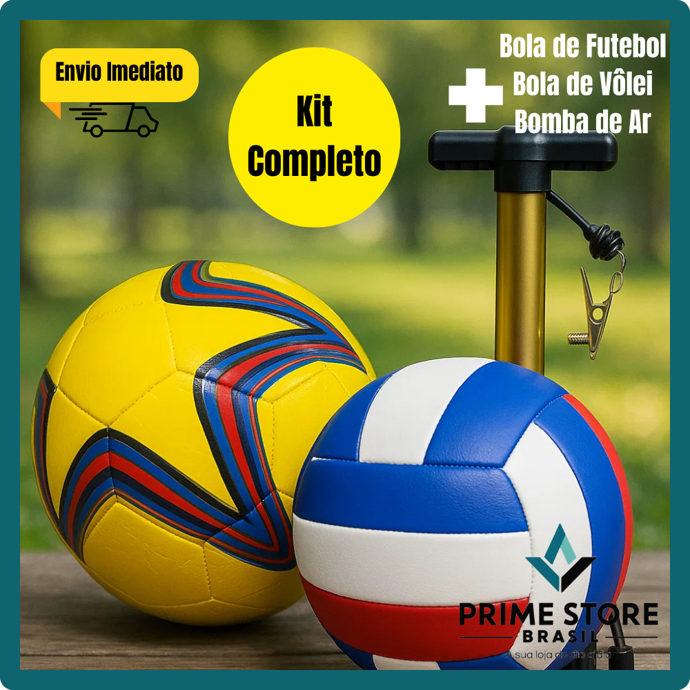 Kit Esportivo com Bola de Futebol Tamanho 5 + Bola de Vôlei Oficial Couro Sintético + Bomba Manual