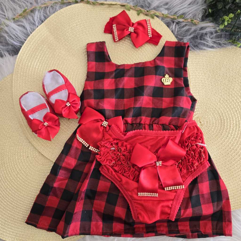 Vestido Festa Junina Infantil Xadrez com Bunda Rica + Laço e Sapato