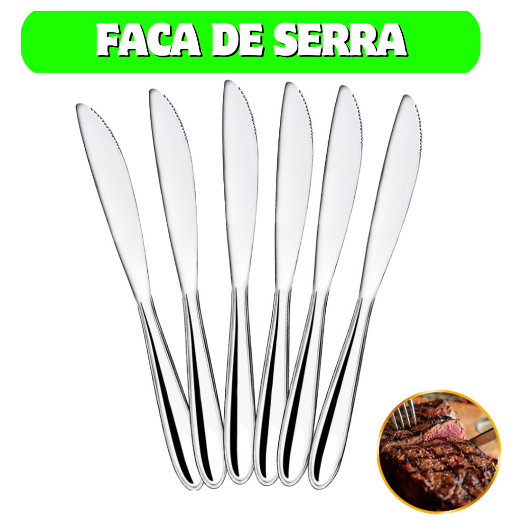Jogo Faca de Mesa, Churrasco com serra Talher restaurante de Aço Inox 21cm 6, 12 ,24 e 36 unid em Oferta na Shopee