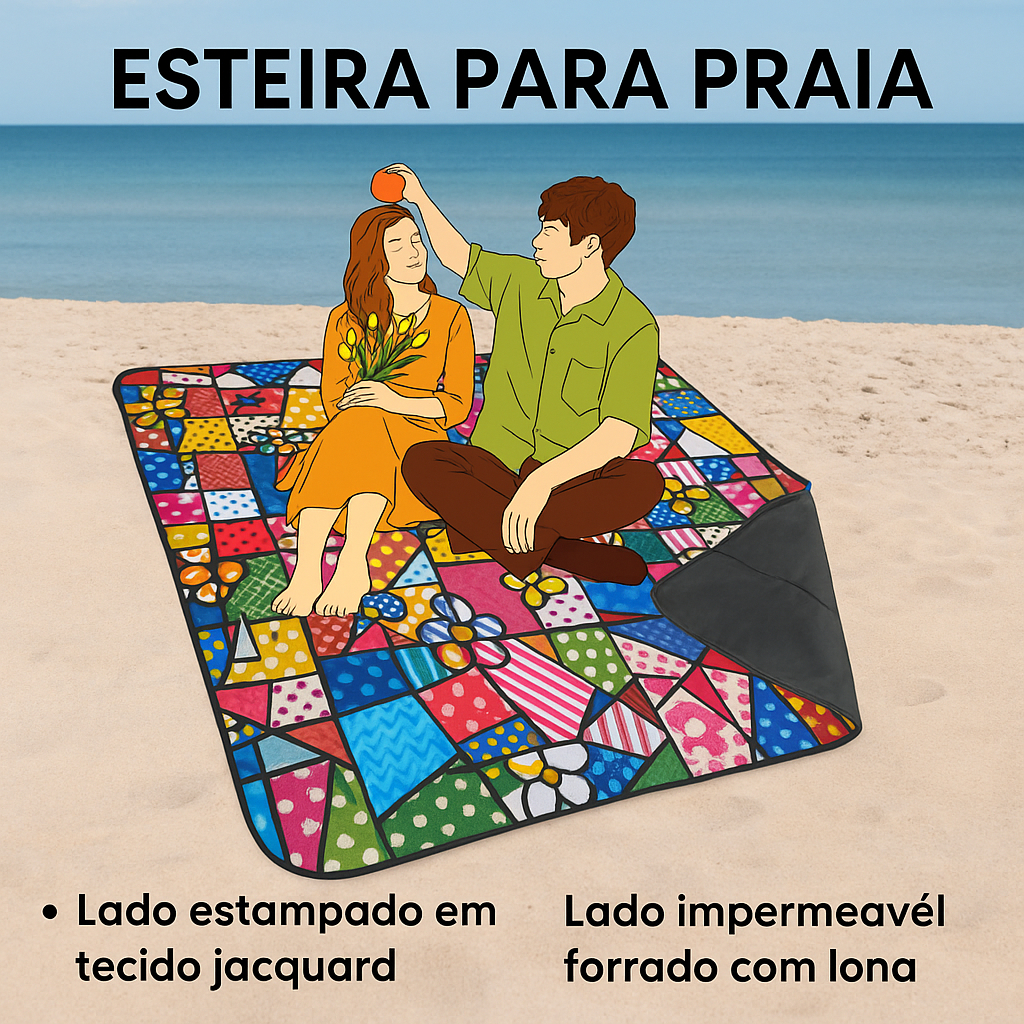 Esteira de Praia e Piquinique Dobrável Impermeável - Tam Casal 140x150cm - Tecido e Lona - Estampado