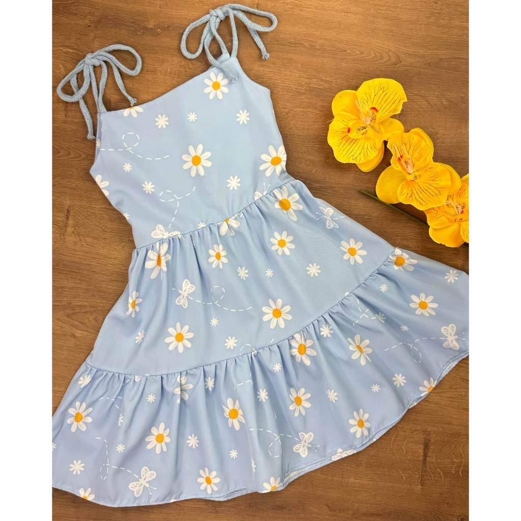 Vestido Infantil Menina Estampado Margaridas com Alças Ajustáveis Confortável em Oferta na Shopee