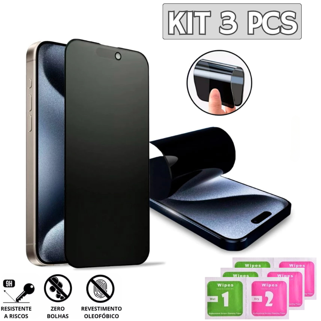 Kit 3 Películas de Vidro 3D Privativa Para IPhone + 3 kit de Limpeza 2 em 1 Iphone 12 ao 16 Pro Max em Oferta na Shopee