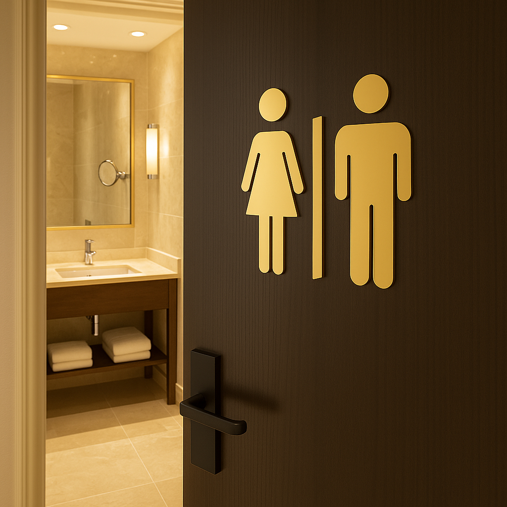 Placa Sinalização de Banheiro Acrílico Espelhado Masculino Feminino