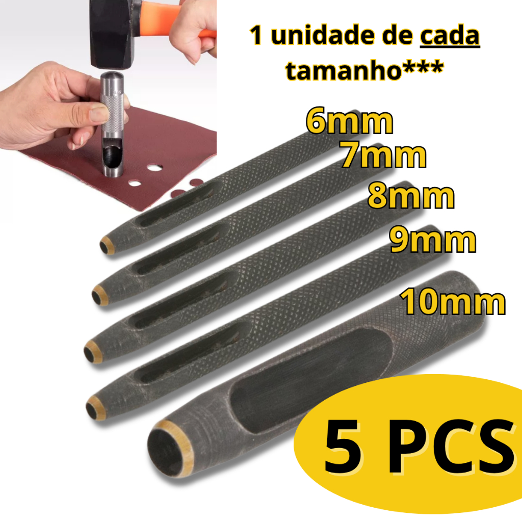 Kit 5 Furador 6,7,8,9,10mm Couro Vazador Perfurador Aço Vonder em Oferta na Shopee