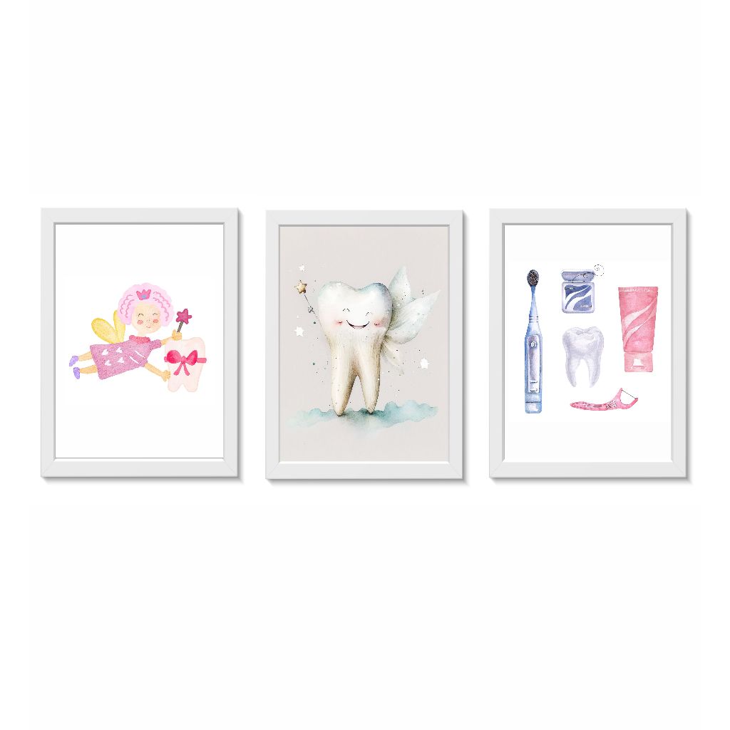 Kit 3 Quadros Decorativos Dente Escovação Decoração Consultório Odontologico Molduras 20x30cm Madeira