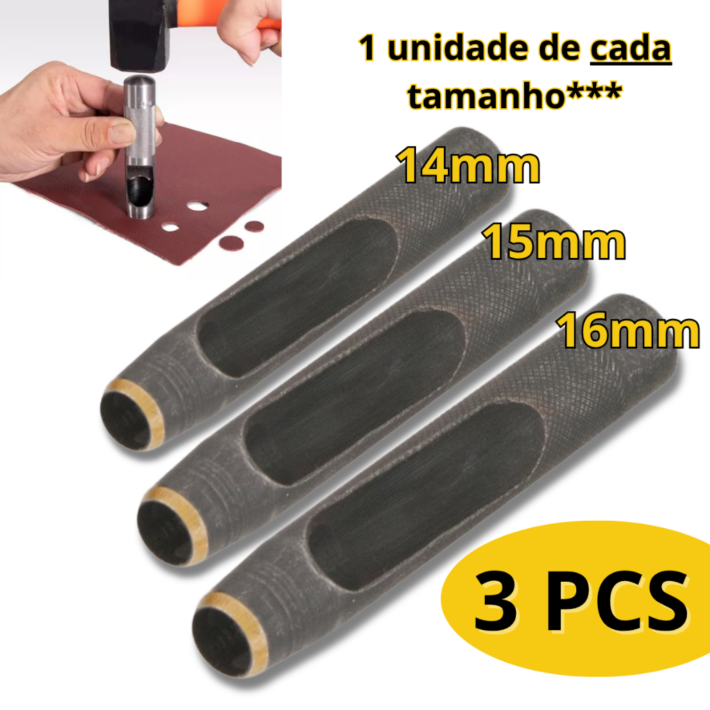 3 pcs Perfurador 14,15,16mm Couro Borracha Papelão Vazador Aço