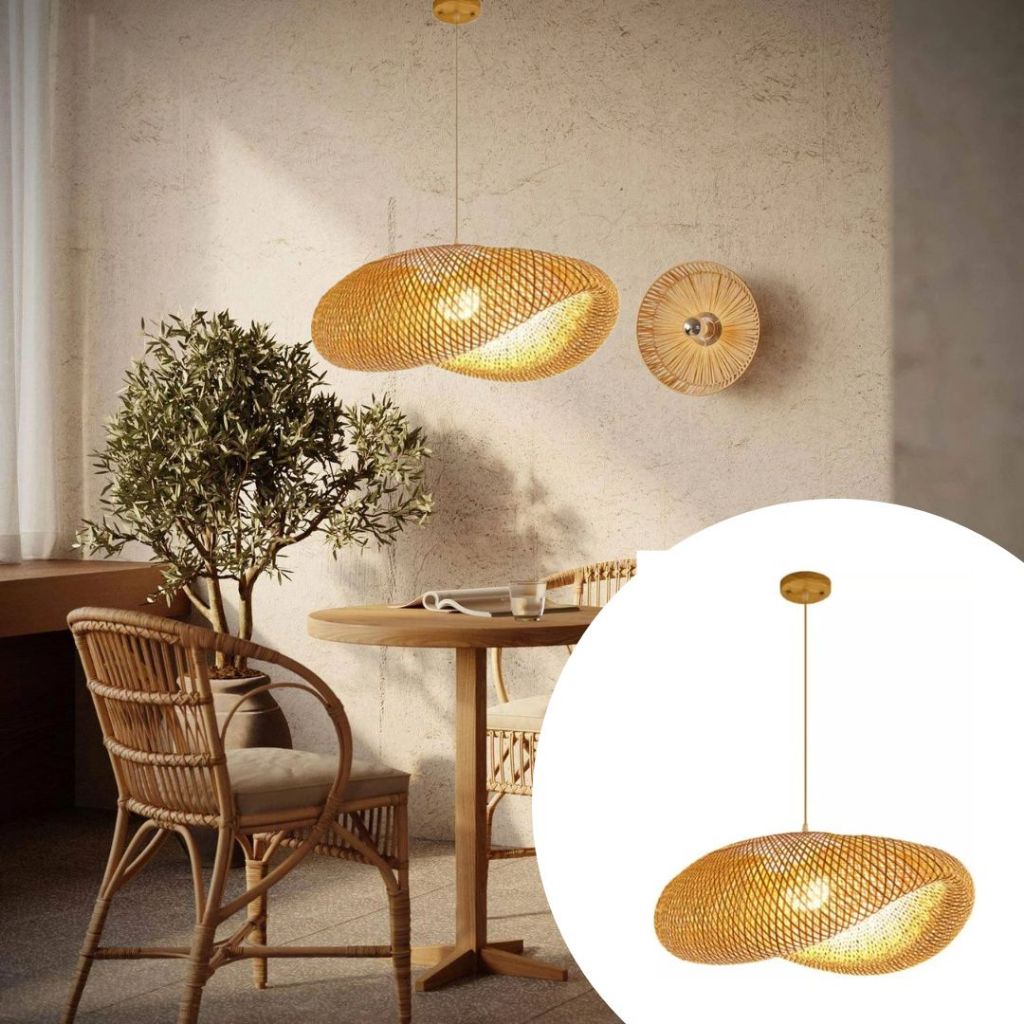 Lustre Pendente Rústico Artesanal Palha Bambu Grande 50cm Canopla Madeira Luminaria Gourmet