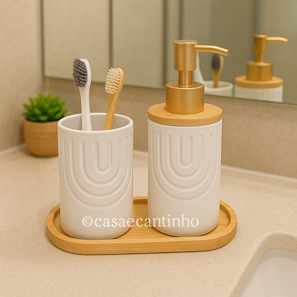 Kit Banheiro Lavabo Porta Sabonete liquido Dispenser e Porta Escova de Dente Cerâmica para...