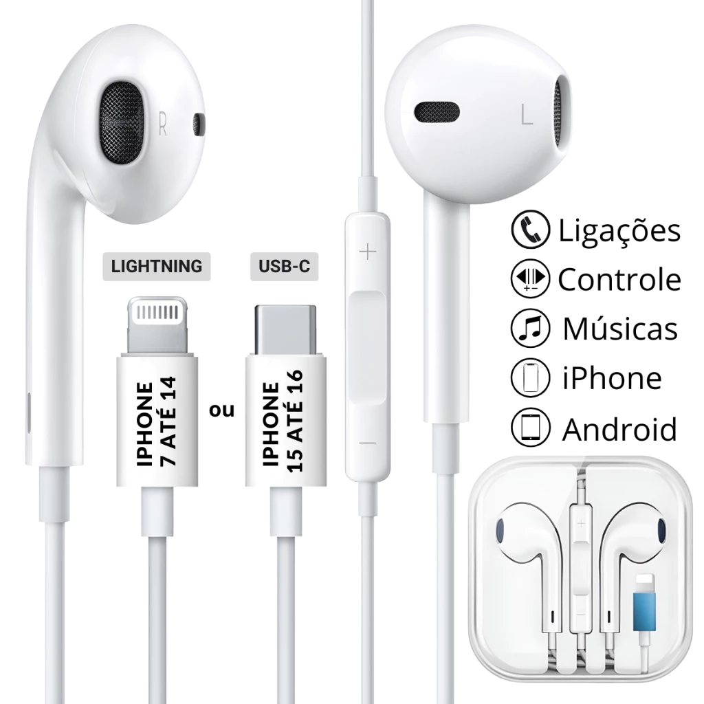 Fone De Ouvido Lightning e Tipo C Bluetooth Para Celular Iphone  11 12 13 14 15 16