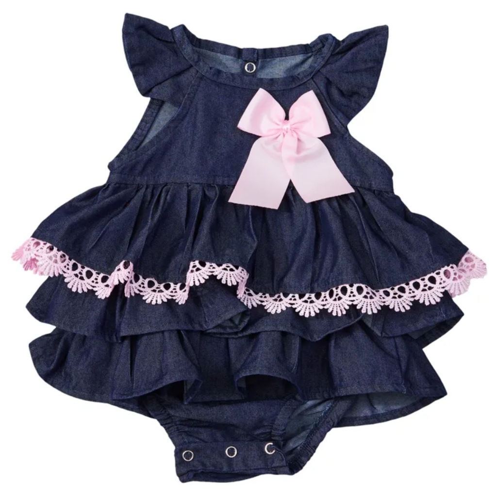 Body jeans infantil babado Laço bori bebe enxoval