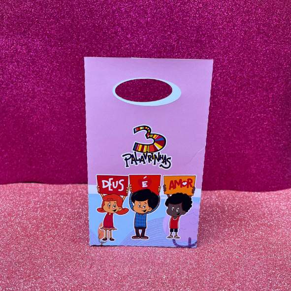 Sacolinha personalizada para lembrançinha de aniversário 3 palavrinhas rosa menina PEGUE E MONTE