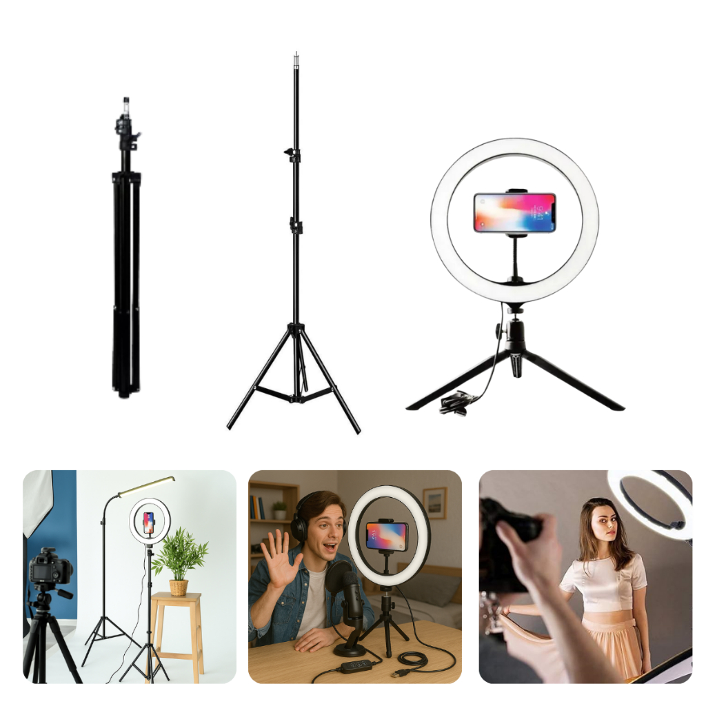 Ring Light Com Tripé De Chão +Tripé De Mesa Anel Iluminador 8 Polegadas E Suporte De Celular