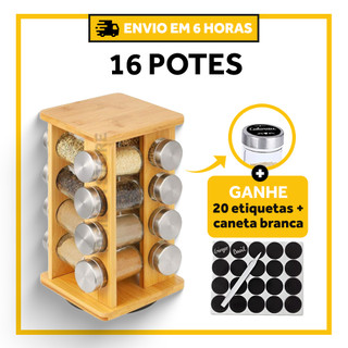 Kit Com Porta-Temperos Giratório De Bambu (1 Unidade) + 16 Potes De 100ml + 16 Etiquetas + Caneta