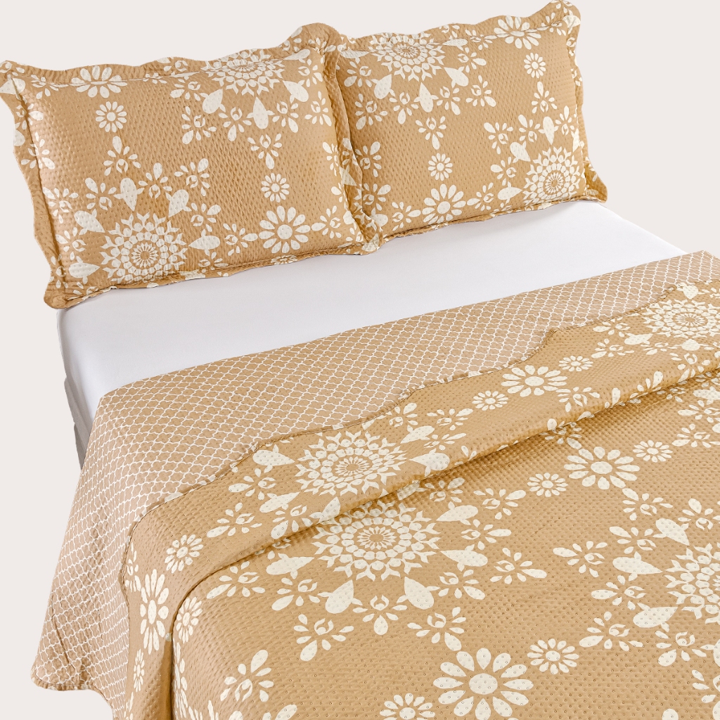 Kit Cobre Leito Colcha King Bouti 3 Peças Dupla Face Estampada Porta Travesseiro Aba Ameri...