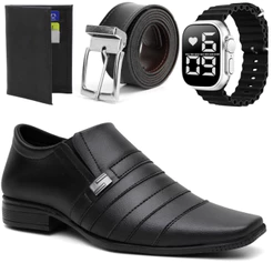 Kit Sapato Social Em Couro Italiano Classico + relógio + cinto e carteira