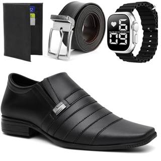 Kit Sapato Social Em Couro Italiano Classico + relógio + cinto e carteira