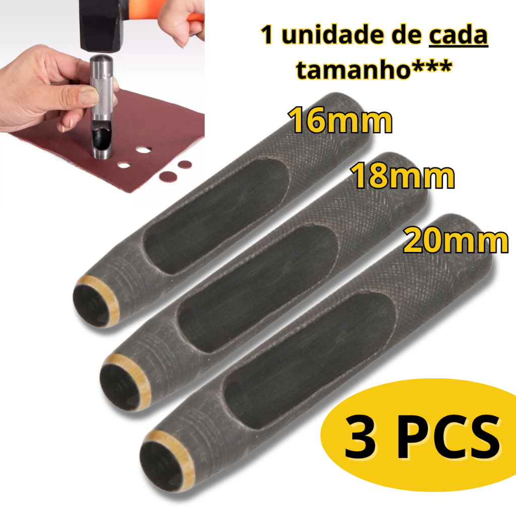 Kit 3 Peças Furador Vazador Couro Profissional 16,18,20mm Perfurador Cinto Agulhão de Artesanato