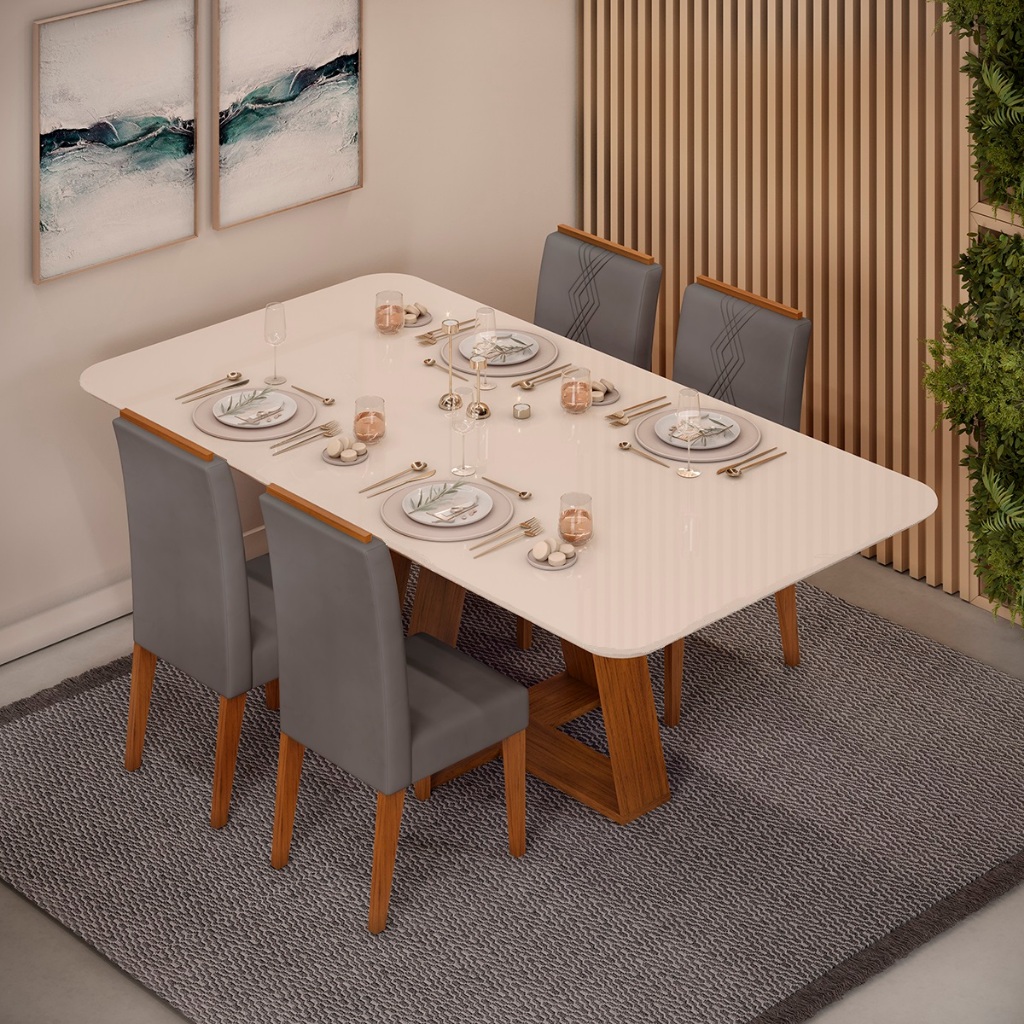 Conjunto de Sala de Jantar 4 Cadeiras Tampo SEM VIDRO 170x90 DJ Móveis Kiara Freijó Yasmin Lunar em Oferta na Shopee
