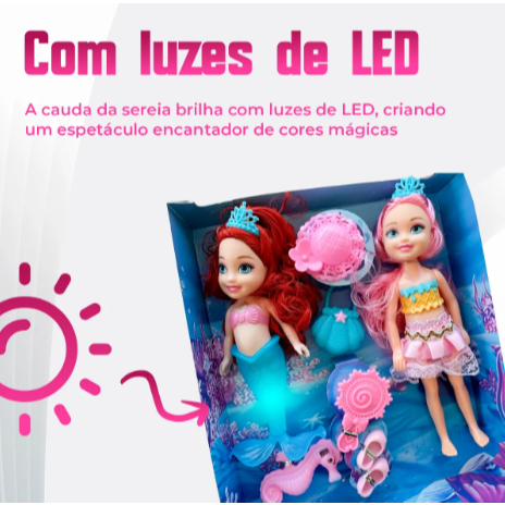 Detalhes do Brinquedo Boneca Ariel Sereia c/ Acessórios de maquiagem com Cauda Que Acende LED