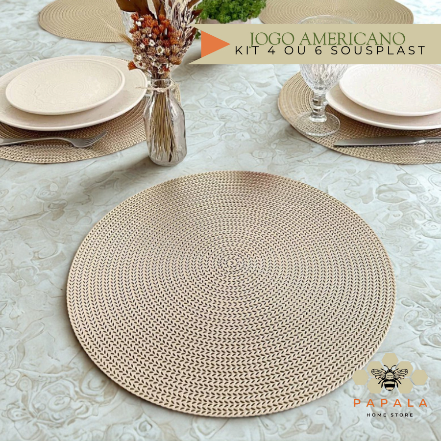 Jogo Americano Metalizado Redondo – Sousplat Impermeável para Mesa Posta 4/6 Peças