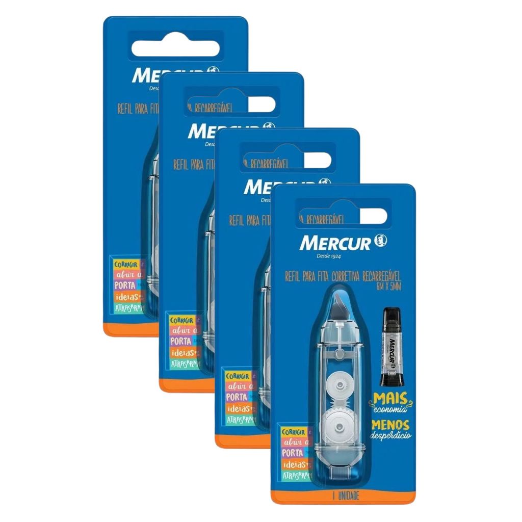 Refil Fita Corretiva Recarregável Mercur 5mm x  6m Kit 4 Unidades