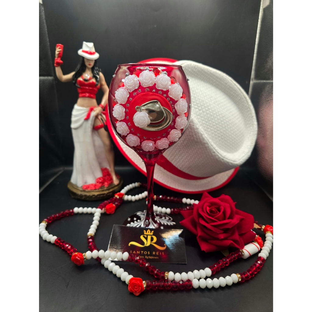 Taça Vermelha com Prata Chapeu e Rosas Malandra Pombagira Navalha Umbanda Candomblé