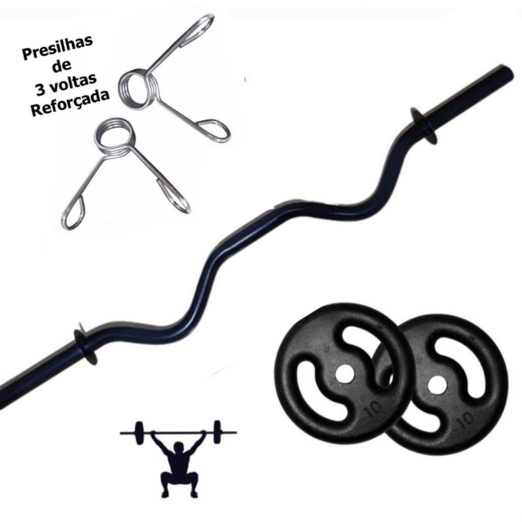 Kit Musculação Barra W +20 Kg Anilhas + 02 Presilhas