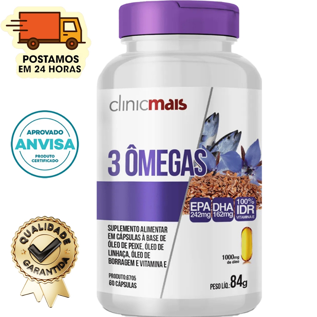Mix 3 Ômegas - Óleo De LInhaça + Óleo De Borragem + Ômega 3 ( Óleo De Peixe ) - 60 Cápsulas 1000mg - Clinicmais