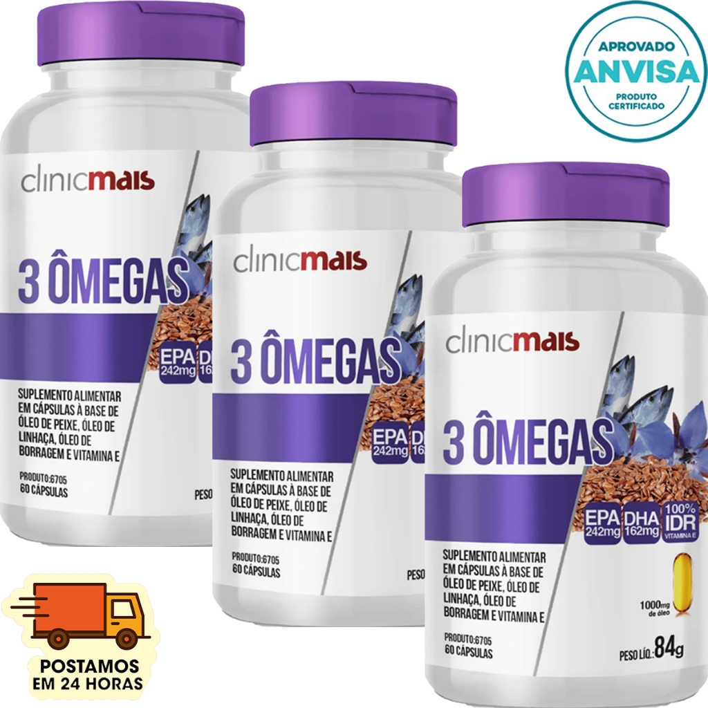 KIT 3x MIX 3 Ômegas - Óleo De LInhaça + Óleo De Borragem + Ômega 3 ( Óleo De Peixe ) - 60 Cápsulas 1000mg - Clinicmais