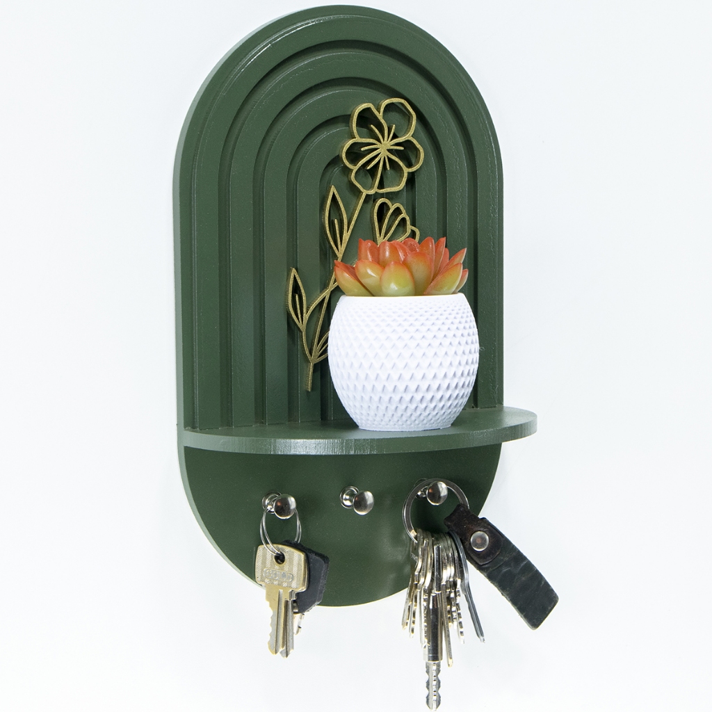Porta chaves com prateleira boho floral verde mdf decoração