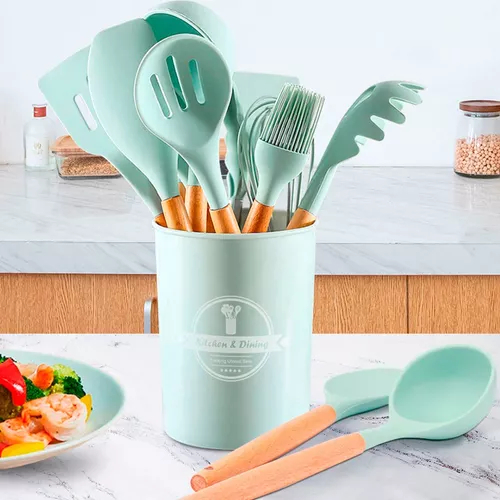 Jogo de Utensílios de Cozinha 12Pçs - Silicone e Cabo de Madeira