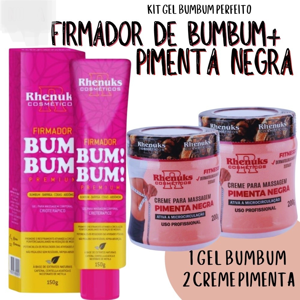 KIT BUMBUM PERFEITO Rhenuks - 1 FIRMADOR BUMBUM + 2 Gel PIMENTA NEGRA PREMIUM - Rhenuks