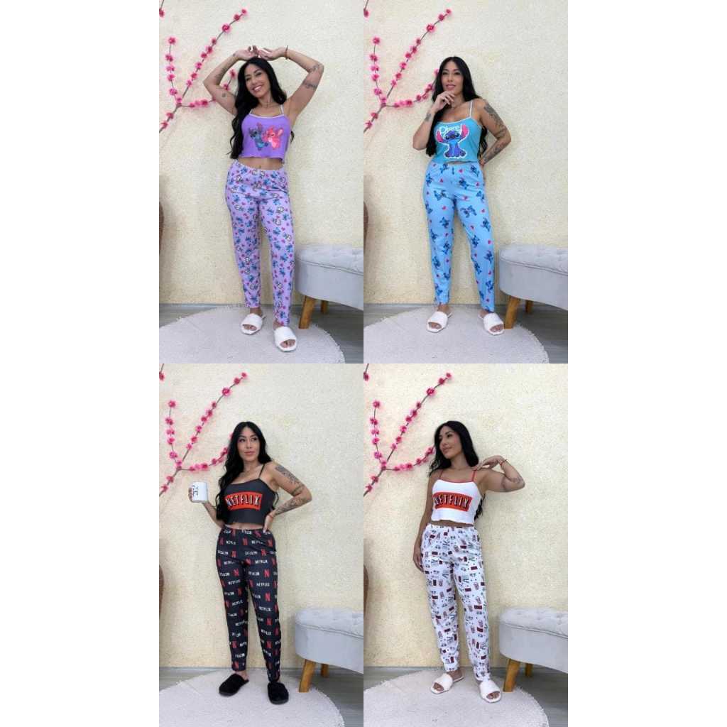 Kit 2 Pijamas Calça + Blusa Cropped Alcinha Pijama Suede Ondinha Virgínia Personagem