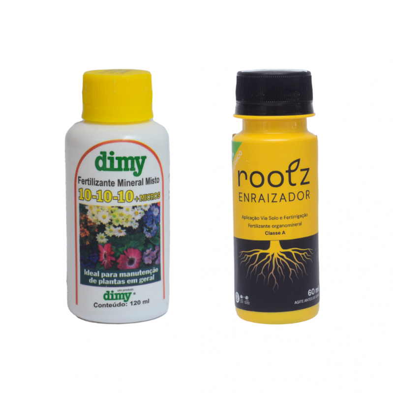 Kit 2 Fertilizante Líquido NPK 10-10-10 Dimy 120ml + Fertilizante Enraizador Rootz Organico 60ml