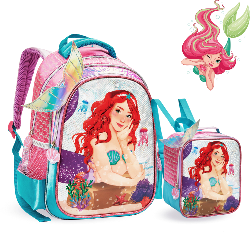 Mochila e Lancheira Térmica Pequena Sereia Ariel 3D Infantil Menina Escolar Grande Pequena Reforçada