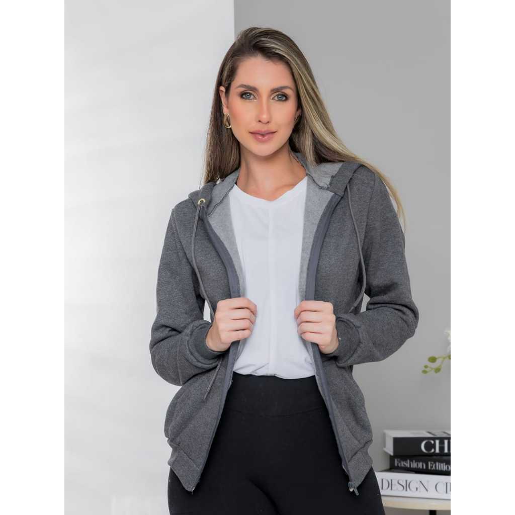Casaco Moleton De Frio Moda Feminina Flanelado Capuz, Ziper E Bolsa Nas Laterais