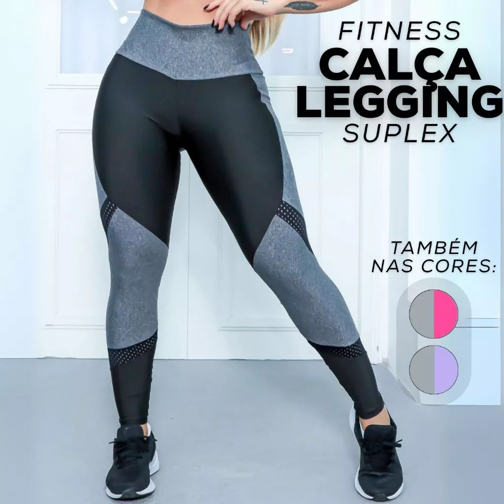 Calça Legging Suplex para Academia Fitness Feminina Cós Alto Recortes Em Tela Treinos Alta Qualidade