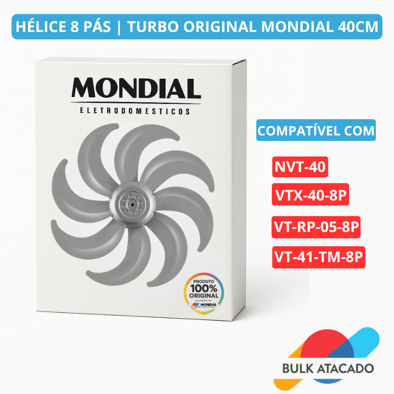 Hélice Original Ventilador Mondial 40cm | 8 Pás Turbo | Vazão Máxima | Encaixe Redondo
