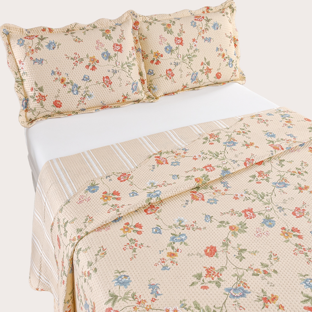 Kit Cobre Leito Colcha Queen Bouti 3 Peças Dupla Face Estampada Porta Travesseiro Aba Amer...