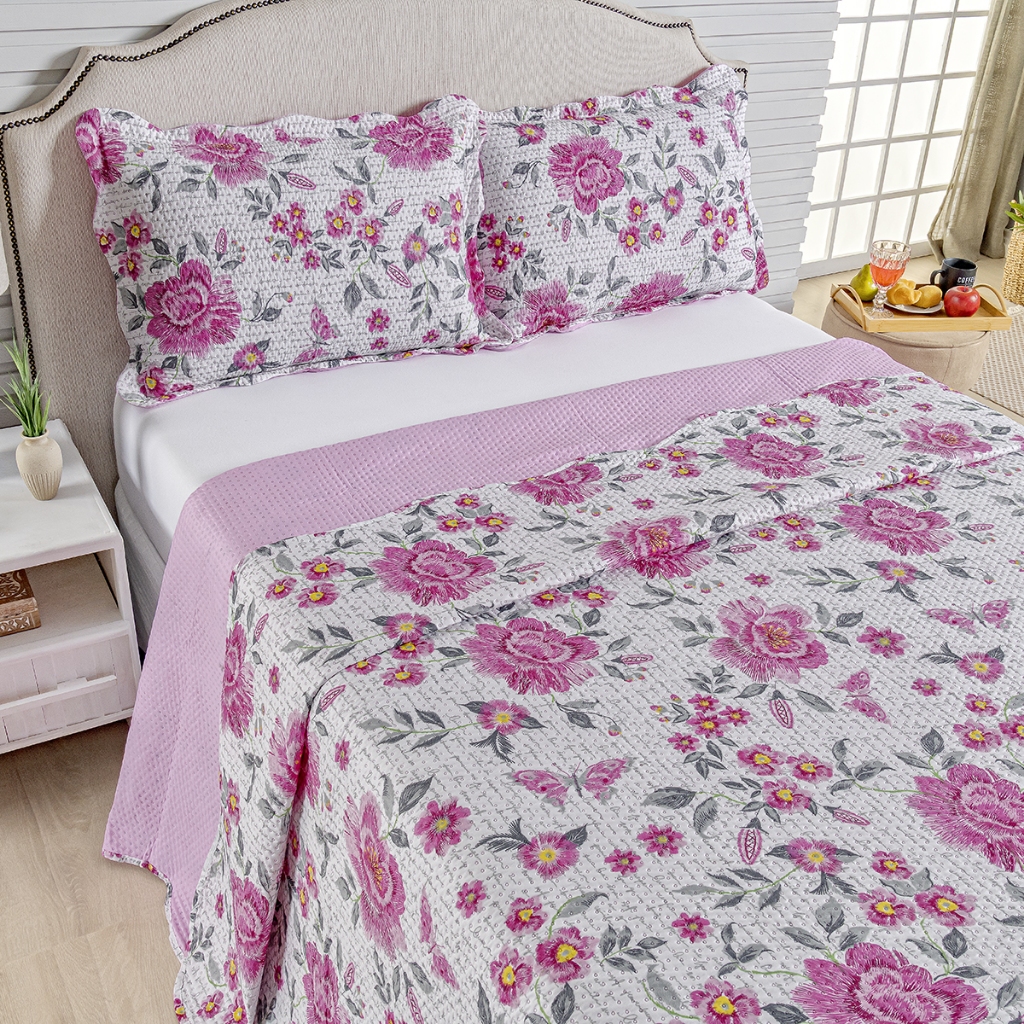 Kit Cobre Leito Colcha Queen Bouti 3 Peças Dupla Face Estampada Porta Travesseiro Aba Americana em Oferta na Shopee