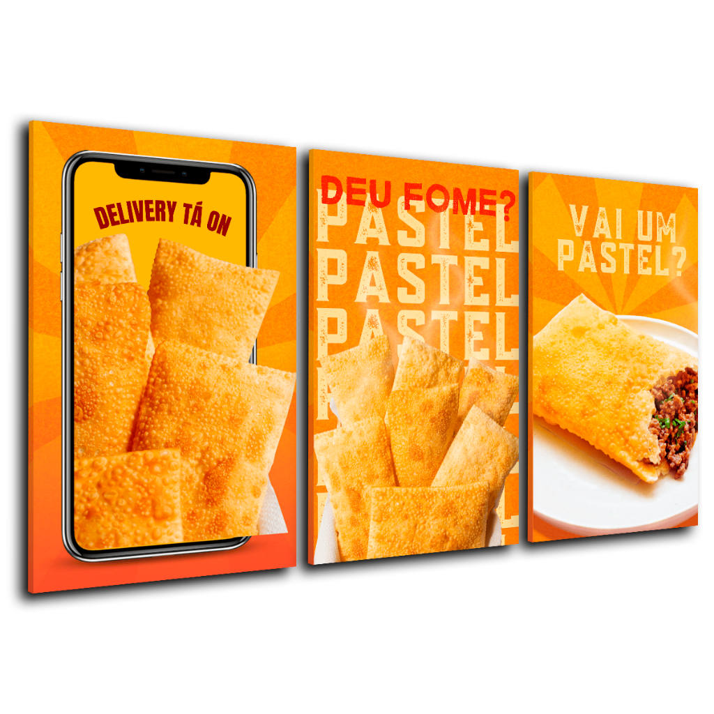 Quadros Decorativos Cozinha Pastel Lanchonete Fritura Comida Restaurante 3 Peças