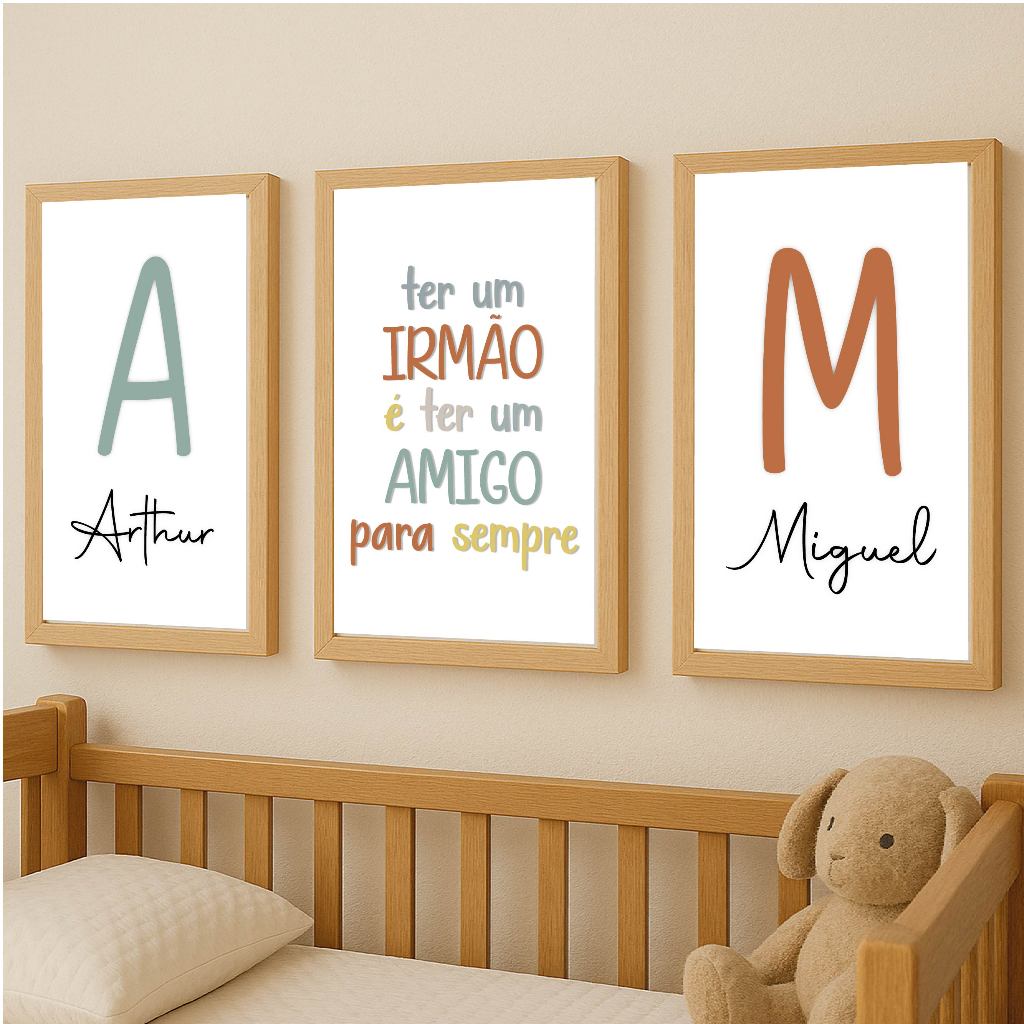 Quadros Decorativos Irmãos Kit 3 Peças Decoração Quarto, Decoração Quarto Infantil, Moldura Fake