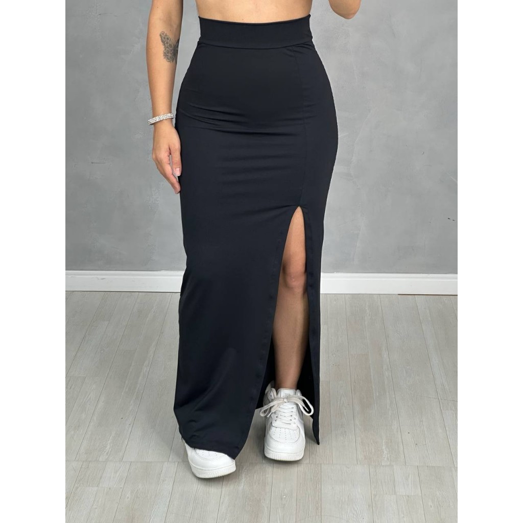 Saia Midi Feminina Com Fenda Lateral e Cintura Alta Tendência em Oferta na Shopee