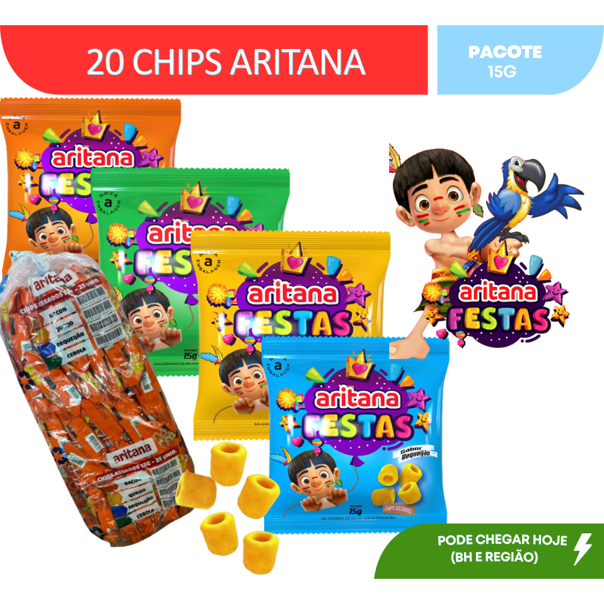 Kit Chips Salgadinhos Milho - Queijo -Bacon -Cebola-Requeijão- 20 unidades de 15g- Aritana Festas
