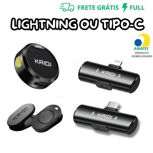MICROFONE DE LAPELA SEM FIO COM ENTRADA LIGHTNING OU TIPO-C KAIDI KMF4-A OU KMF4-C