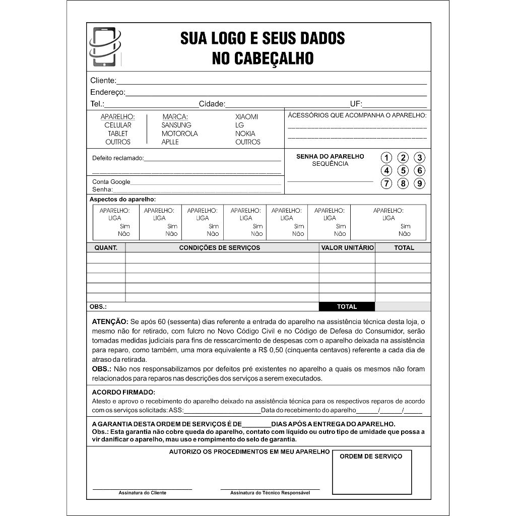 12 Blocos Orçamento Ordem Serviço Loja Celular 15x21  2 Via