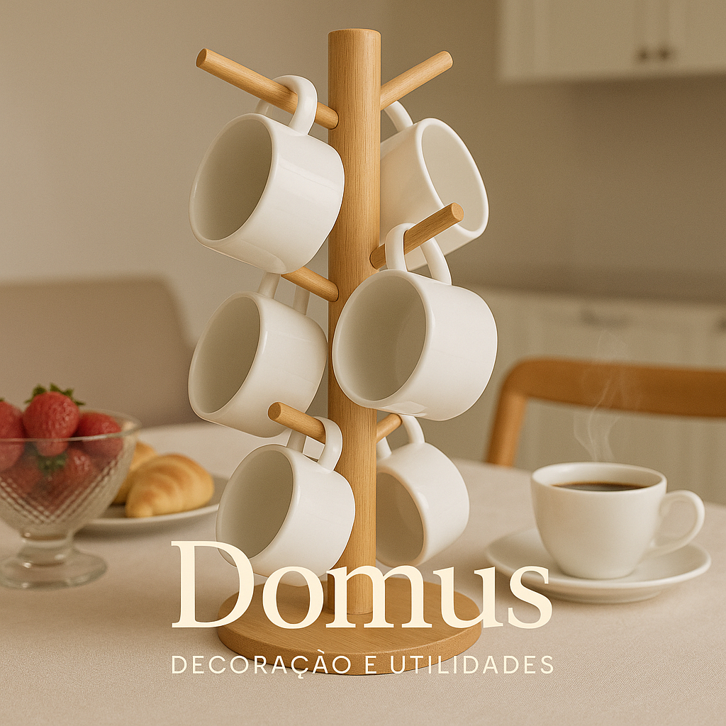 Suporte De Caneca Xícara Café da Manhã 6 Ganchos Bambu Decoração Cozinha